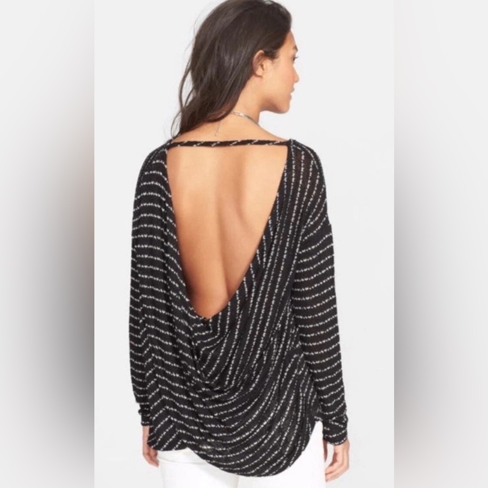 Free People Black White Striped Drape Front Long Sleeve Sweater Top Size Small